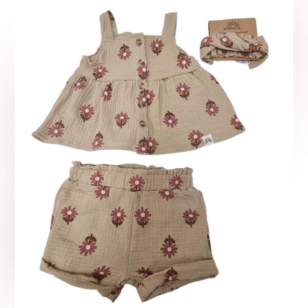 Wonderluxe Tan Floral Tank Top, Shorts & Headband Set